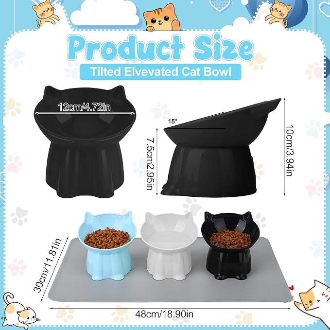 3 Pcs Elevated Cat Bowls 15°Raised Cat Food Bowl with Silicone Mat Blue | Whisker Friendly Anti Vomiting Cats Dishes Pet Food and Water Bowls for Indoor Cats Kittens - Image 2