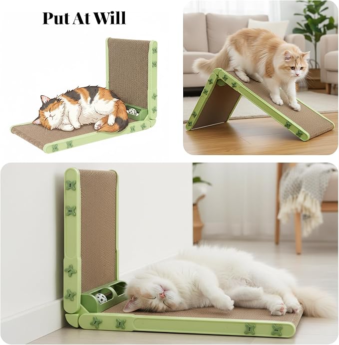 L Shape Cat Scratcher, 26.8 Inch Cat Scratchers for Indoor Cats, Protecting Furniture Cat Scratch Pad, Cardboard Cat Scratching with Ball Toy, Catnip, Large (Green) - Image 6