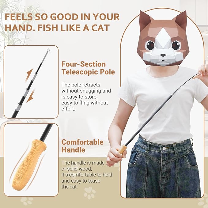 ROSAUI Cat Teaser Wand Toys, Interactive Bird Toy for Indoor Kittens, 53.15’’ Long Cat Fishing Pole Toys, 2X Wires and 5X Natural Refills, Sustainable Wooden Handles, Exercising, Playing - Image 4