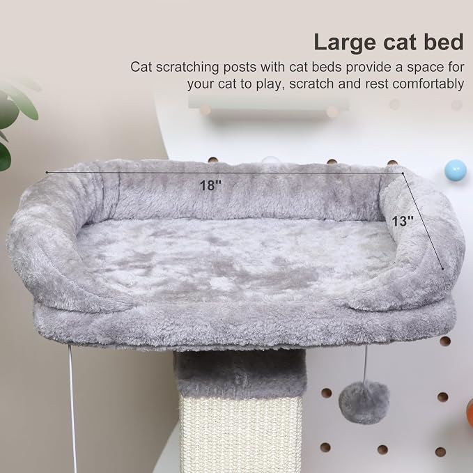 34" Tall Cat Scratching Post with Bed, Sisal Scratch Posts Trees with Plush Perch and Hanging Ball for Indoor Cats, Removable Cover, Large Scratch Post and Base, Rugged and Durable, Light Grey - Image 6