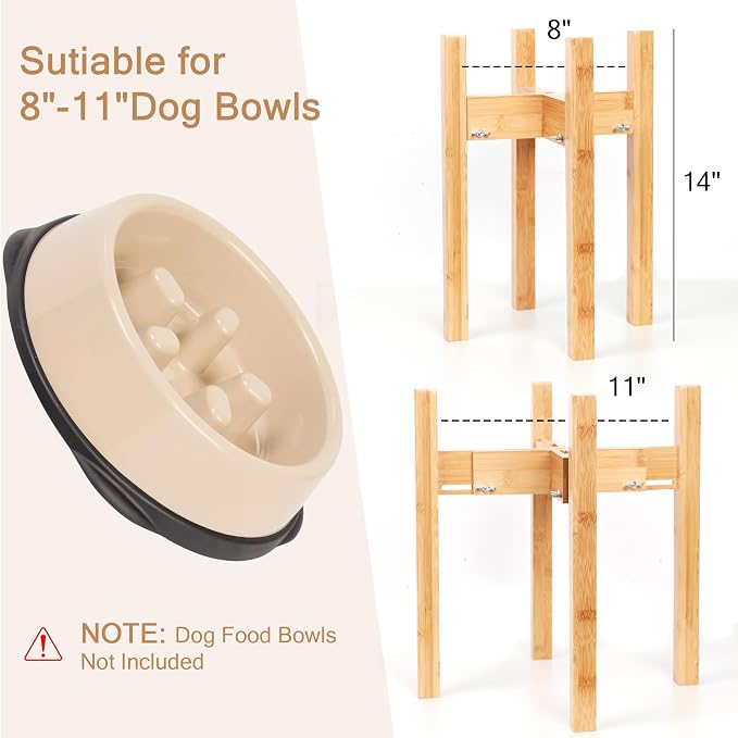 Elevated Dog Bowl Stand Adjustable Dog Food Holder 14”H Large Bamboo | 14” Elevated Dog Bowl Stand, Large Dogs, Adjustable, Fits 8”-11” Bowls, Single Bowl Holder, Natural Bamboo, Classic - Image 3