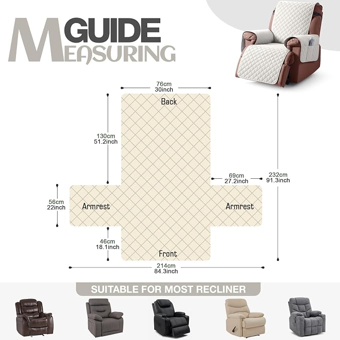 KinCam 100% Waterproof Recliner Chair Covers Washable, 30", Beige White | Anti Slip Reclining Couch Covers for Pets Dog, Recliner Sofa Slipcover Storage Pocket, Furniture Protector with Elastic Strap - Image 4