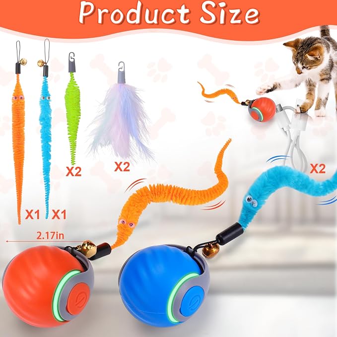BABORUI 2Pack Interactive Cat Toy Ball - Automatic Interactive Cat Toys for Indoor Cats with 3 Tails, 2 Speeds Rechargeable Enrichment for Small/Medium/Large to Keep Them Busy - Image 5