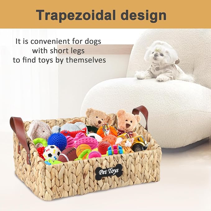 Trapezoid Pet Dog Toy Basket,Medium Dog Toy Bin,Wicker Storage Basket for Dog Cat Toys,Dog Storage Organizer for Leash Blanket Toys Snacks -Natural Farmhouse Water Hyacinth - Image 4