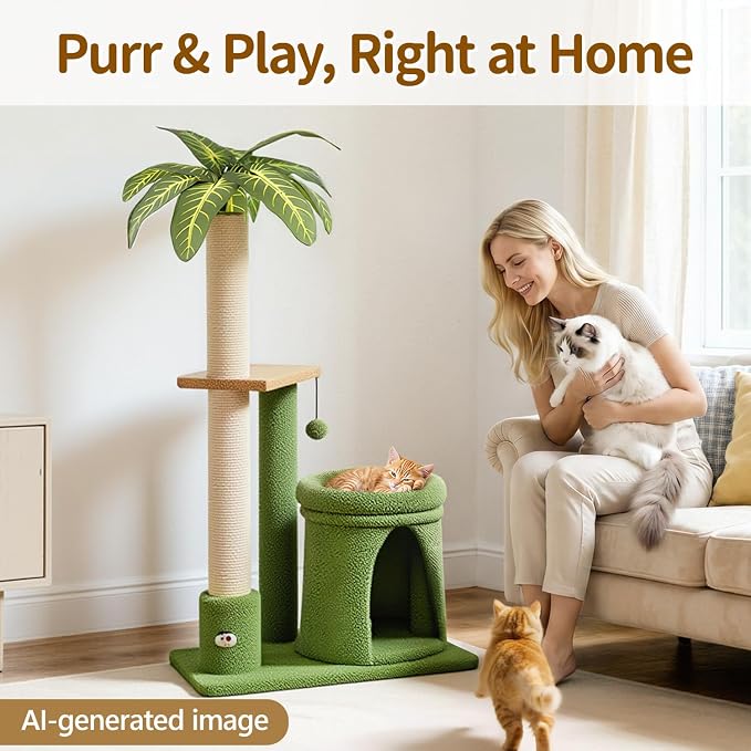 41" Cat Tree Tower Condo Scratch Post Stand for Indoor Small Cats | Palm Tree Compact Space Saving Scratch Post Stand with Cozy Bed, Great for Kitten Climbing, Scratching Playing & Resting - Image 7