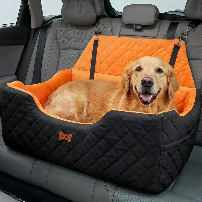 Dog Car Seat for Large Medium Dogs up to 55 lbs, Memory Foam Dog Booster Seat with Storage Pocket, 2 Safety Leashes,Washable Cover, Portable Anxiety Pet Travel Bed, Black by Easthome