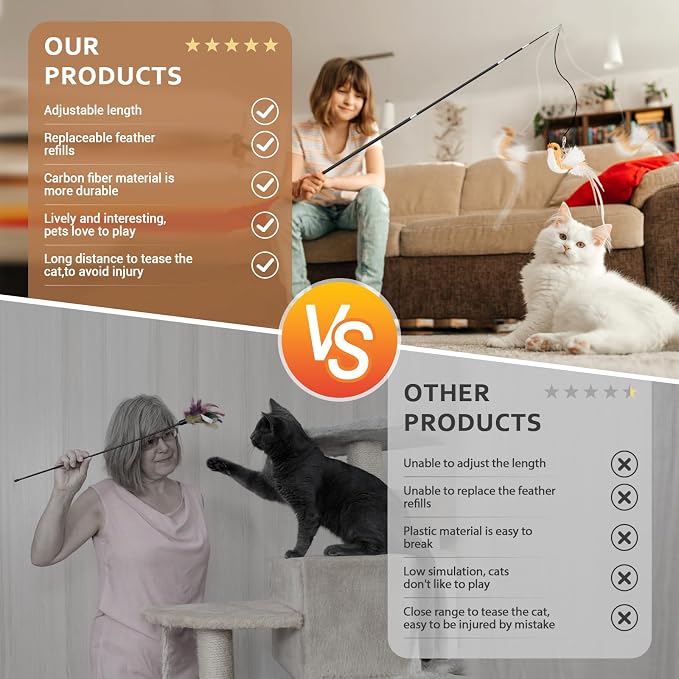 ROSAUI Cat Teaser Wand Toys, Interactive Bird Toy for Indoor Kittens, 53.15’’ Long Cat Fishing Pole Toys, 2X Wires and 5X Natural Refills, Sustainable Wooden Handles, Exercising, Playing - Image 6