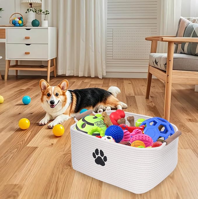 Geyecete dog toy basket Cotton Rope dog toy box with wood handle pet toy bin Blanket Storage Basket Decorative Clothes Hamper Basket Large Baskets - Image 5