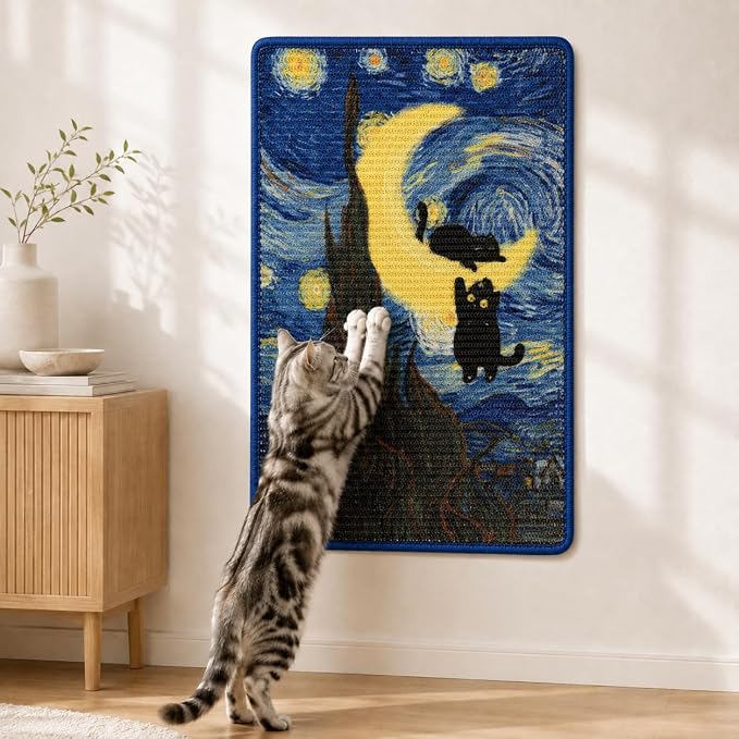 Art Sisal Cat Scratcher Mat, Cat Wall Scratchers for Indoor Cats | Wall Mounted Cat Scratcher, Natural Sisal, No-Drill Hook & Loop Setup, Floor or Wall Use, 23.6 x 15.7 Inch, Starry Night 2 by LESISSMER
