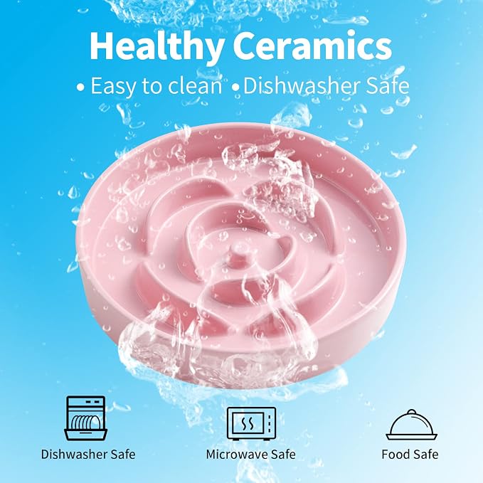 8.66 in Pink Ceramic Slow Feeder Dog Bowl for Medium and Large Breed,Pet Feeding Dog Food Water Dish Heavy Weighted,Puppy Bowl for Fast Eaters,Puzzle Slow Eating Dish Modern Cute - Image 2