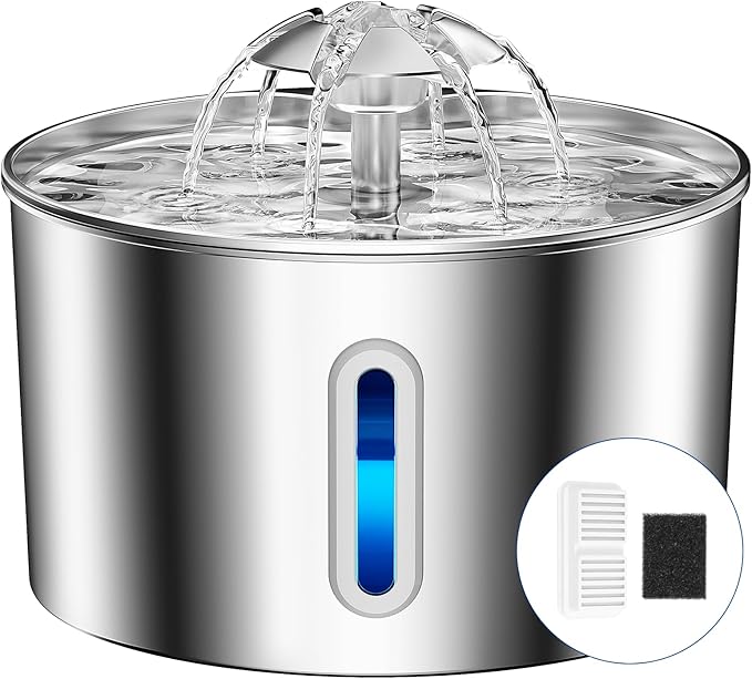 Stainless Steel Cat Water Fountain - 108oz/3.2l Metal Pet Water Bowl Dispenser with Quiet Pump - Automatic Water Fountains for Dog/Cats Drinking - Pets Waterer Indoor with Replacement Filters by CatWaterFountain