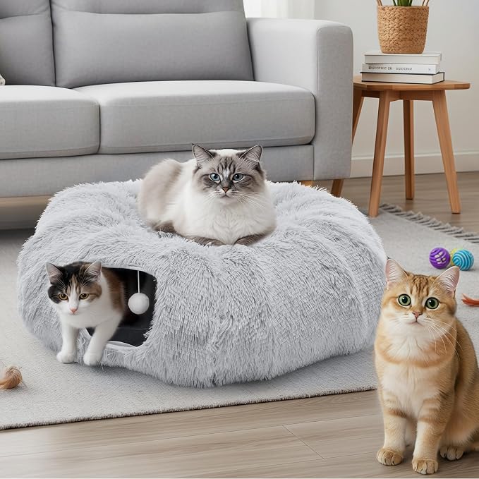 DUMOS Cat Tunnel Bed for Indoor Cats, Cave Donut Play Tunnel, Silver | Soft Plush Peekaboo, Washable Circle Cushion, Multifunctional Playground Under Tree Toys for Kittens, Puppy, Rabbit, Ferret - Image 2