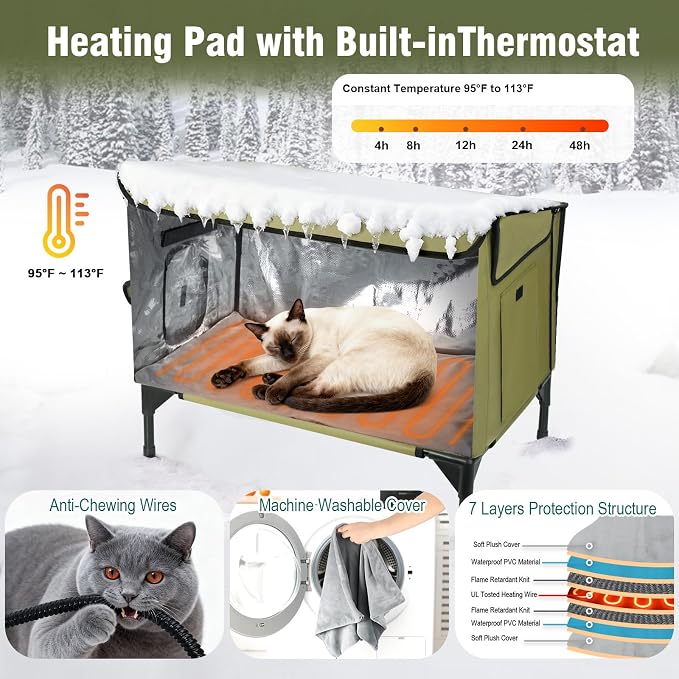 Large Heated Outdoor Cat House for Outside Winter, Insulated Weatherproof Cat Shelter with Slanted Roof, Escape Door & Heating Pad, Elevated Kitty Bed Feral Cat House for Outdoor Cats Stray Barn Cat - Image 4