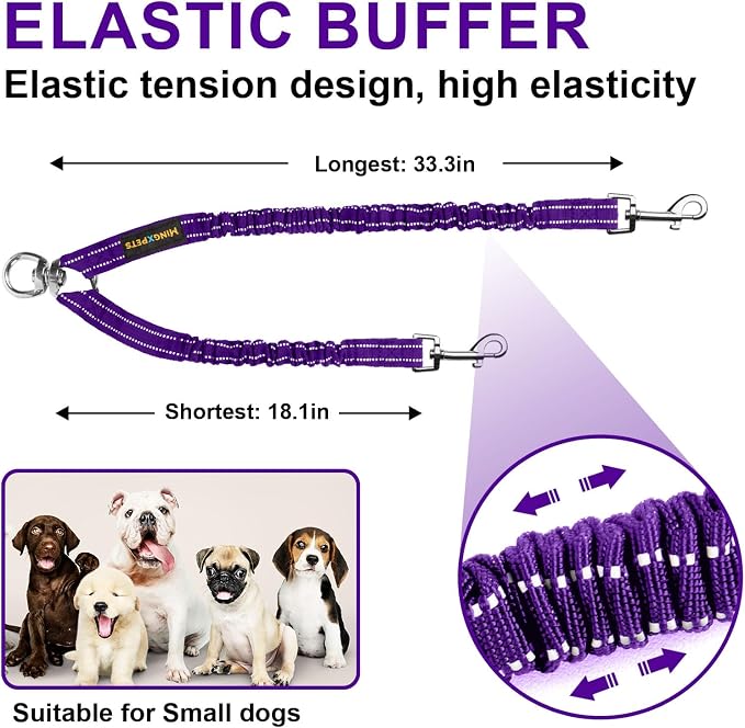 MingXpet 2 Dog Leash, Dog Leash for 2 Dogs, 360° Swivel No Tangle Double Walking Training Leashes for Large Dogs that Pull, Comfortable Shock Absorbing Reflective Bungee, Purple - Image 2