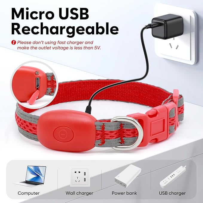 Flashseen LED Dog Collar, Light Up Dog Collar USB Rechargeable, Red, XS | Super Bright Lighted Dog Collar, Adjustable Breathable Mesh, Glow Collar for Dog Night Walking - Image 4