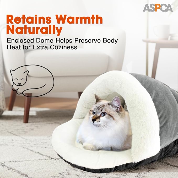 ASPCA - Cat Cave Bed for Indoor Cats Cozy Warm Felt House Dome for Cats & Kittens Soft, Warm & Plush Cave Bed with Removable Cushion Enclosed Pet Hideout Comfort Security 23' x 17" x 6" | Soft plush enclosed pet bed gives indoor cats, kittens and small... - Image 4