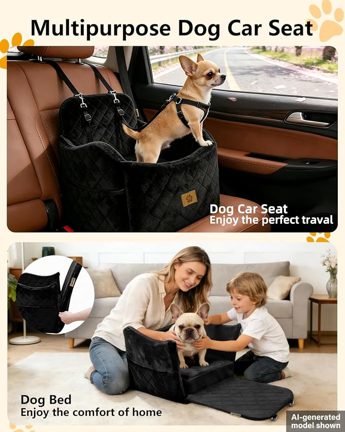Dog Car Seats for Small Dogs Up to 35 lbs, Machine Washable Puppy Car Seat | 2-in-1 Dog Bed for Car with 6" Elevated Cushion, Dog Booster Seat with Safety Leashes, Pockets, Fits Front/Back Seats (Black) - Image 2