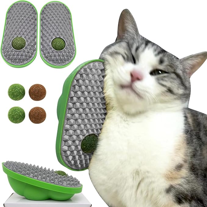 miwoowim 2PCS Catnip Toys Balls that Stick on Wall & Cat Face Scratchers | Cat self Groomer for Indoor Cats, Corner Brush,Comes with catnip & gall fruit spare balls for Cats Lick by miwooim