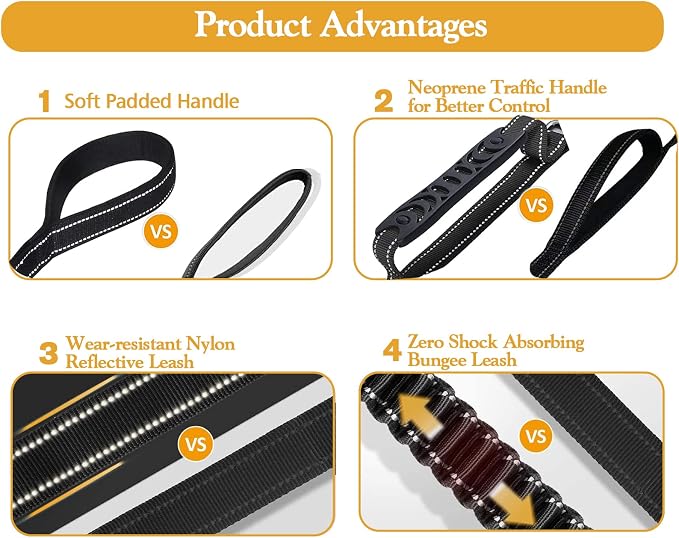Heavy Duty Bungee Dog Leash with Locking Carabiner for Large Dogs | No Pull Bungee Shock Absorbing, 2 Padded Handles for control, Fits 60-150 lbs Dogs, Seatbelt Buckle, Reflective - Image 2