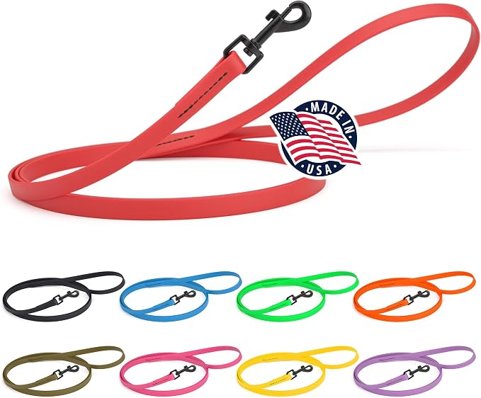 Dogline Biothane Waterproof Dog Leash Strong Coated Nylon Webbing with Black Hardware Odor-Proof Easy to Clean High Performance for Small or Large Dogs Made in USA 4 or 6 ft Lead, Cherry Red by Dogline