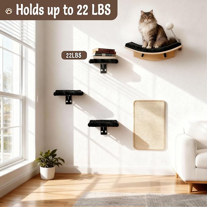 Wooden Cat Wall Shelves and Perches, 5 Piece Wall Mounted Cat Furniture System with Soft Washable Pads, Modern & Space-Saving Design for Climbing and Play - Image 8