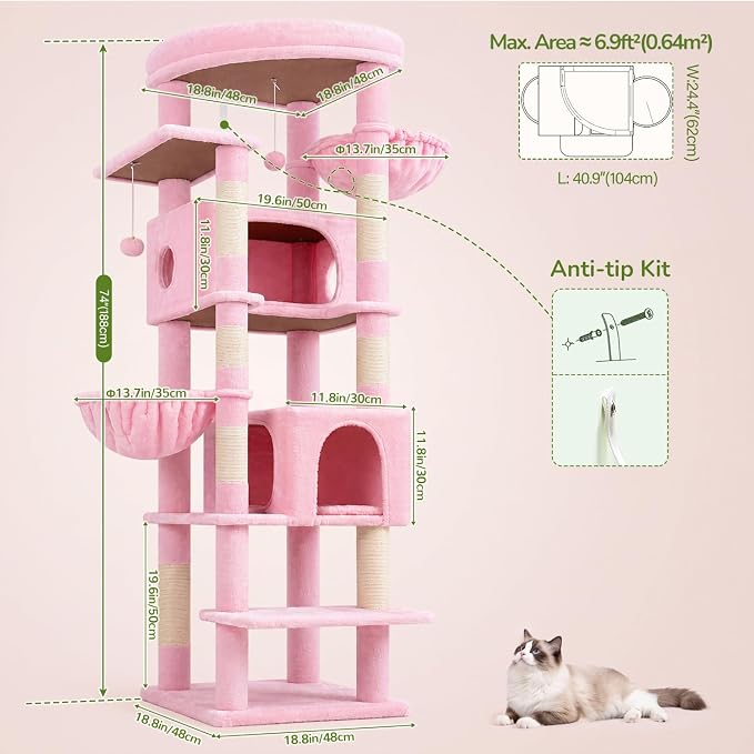 Globlazer 74in Pink Heavy Duty Cat Tree Tower for Indoor Large Cats, S74 | Sturdy Cute Cat Tower with 7 Scratching Posts, 2 Widened Padded Condos for Big Cats, Dual-Ear Baskets, Enlarged Perch, Pink - Image 6