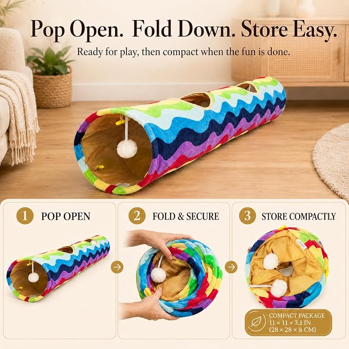 Cat Tunnel -Straight-Shaped, Rainbow Wave Color, Soft Velvet Exterior, Oxford Fabric Fog-Proof Interior, Plush Toy Ball, Easily Washable, Conveniently Foldable, 47.2in/120cm - Image 6