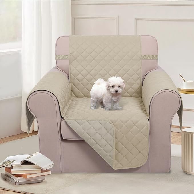 U-NICE HOME Reversible Recliner Chair Covers, Sand/Beige | 23''Armchair Cover for dogs Washable, Pet Friendly, Elastic Straps, Water Repellent, Diamond Quilted - Image 2