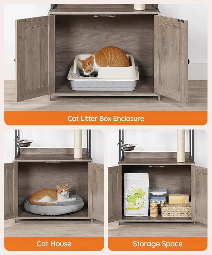 HOOBRO Cat Tree with Litter Box Enclosure, 58.7" H Cat Tower with Hidden Litter Box Furniture, with Scratching Post, Step, Hammock, Multifunctional Pet Furniture with Food Bowls, Greige BG30MZ03G1 - Image 4