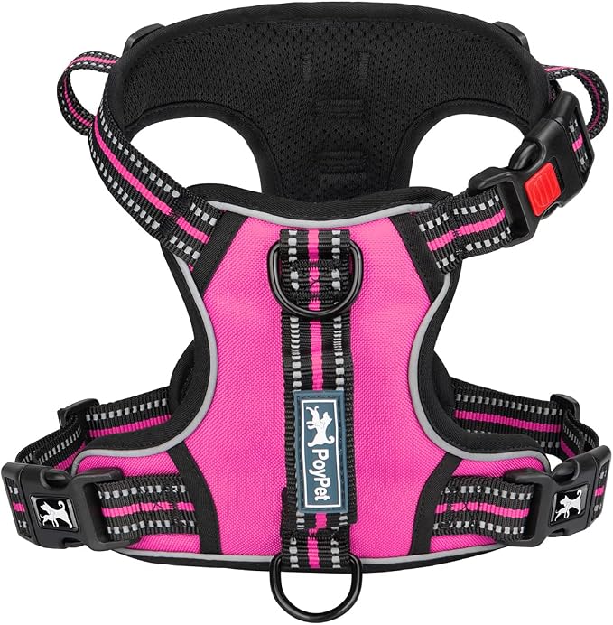 PoyPet No Pull Dog Harness with 3 Leash Clips and Vertical Handle | No Choke, Reflective, Adjustable, Soft Padded, Dog Vest for Medium Dogs, Walking Training, Pink, M by PoyPet