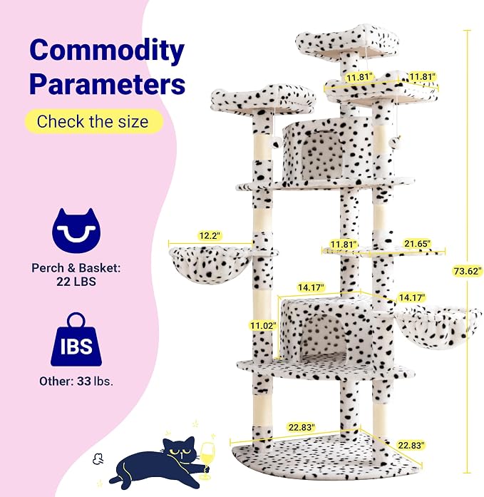 Allewie 73in Fan-Shaped Space-Saving Corner Cat Tower/Multi-Level Tall Cat Tree for Indoor Kitties/Cozy Baskets/Condos/House/Perches/Sisal Scratching Posts/Pet Activity Center/White & Black Spot - Image 7