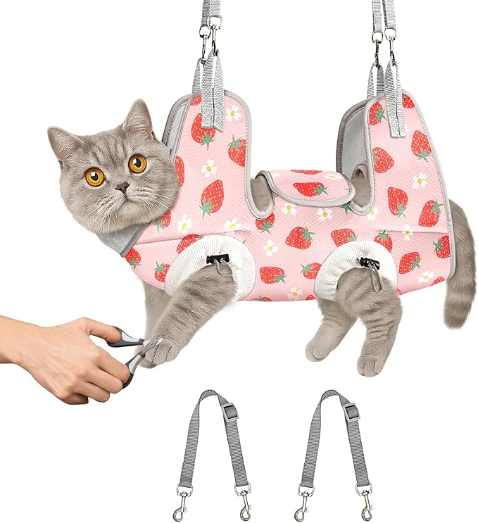 Supet Cat Grooming Hammock Harness for Nail Trimming, Kitten Care Sling | Small Dog Hanging Sling for Nail Clipping, Pet Restraint Holder for Medicine, Ear & Teeth Cleaning, Eye Care (Strawberry S) by Supet