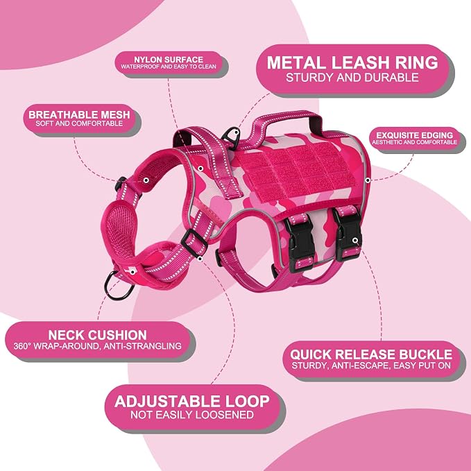 Dog Harness for Large Dogs, No Pull Tactical Vest with Front Clips | Easy Contrl Handle, Breathable Soft Padded, Adjustable, Reflective, Heavy Duty, Easy Take On & Off, Pink Camo X-Large - Image 5