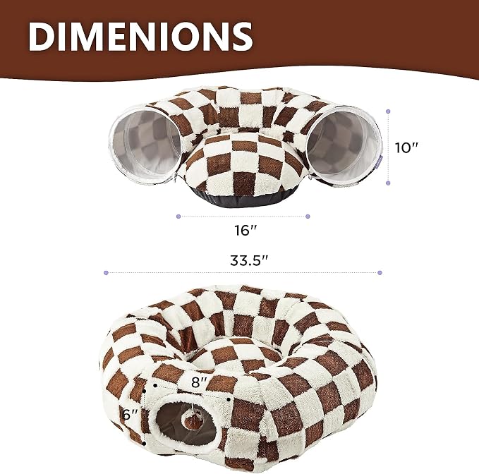 Cat Tunnel Bed with Washable Cushion for Indoor Cat, Donut Cave Tube Toys for Kitten Puppy Rabbit, Brown - Image 3