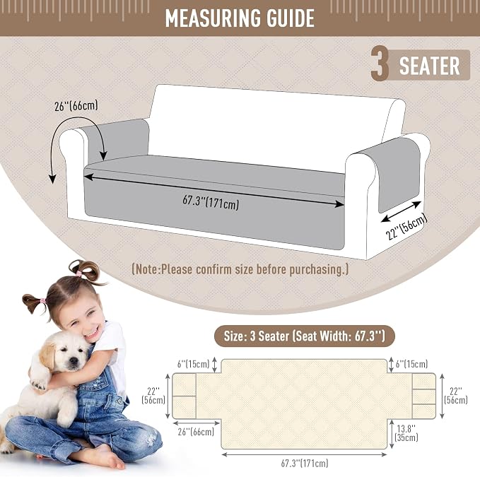 TAOCOCO Waterproof Couch Covers for Dogs, Non Slip Pet Sofa Cover, 3 Seater | Washable Couch Seat Covers with Arms for 3 Cushion Couch, Dog Couch Cover Protector, Pockets & Backless Design, Cream - Image 6