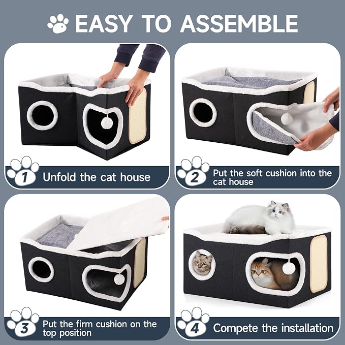 Shikha Extra Large Cat House Bed for Multi Cats with Scratch Pad Black | 24 x 17.7 x 12.6 IN Widen Cat Cave Cube for Multi Pets, Foldable, Arc-Edge Design, Oval Door, All Seasons Reversible Cushion - Image 8