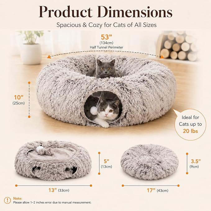 Warm Fluffy Plush Cat Tunnel Bed Under Christmas Tree Big Tube Playground Toys 3 FT Diameter Longer Crinkle Collapsible 3 Way, for Indoor Cat Kitty Kitten Puppy Rabbit Ferret Brown - Image 5