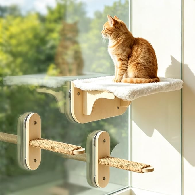 TIMIEEYA Cat Window Perch Sturdy Cat Hammock Window Seat with 2 Wood Steps, Cats Hammock Window 16"x10" Solid Wood Frame, Strong Suction Cups, Washable Cover Mat, Window Bed for Indoor Cats by TIMIEEYA