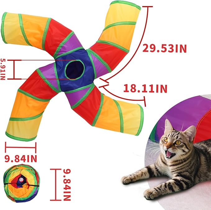 Pet Cat Tunnel, 4 Way Tunnels for Indoor Cats, Collapsible Pet Tunnel for Kitten, Puppy, Rabbit, 25cm-Wide Tunnels, Durable & Breathable, with Peek Hole Toy Ball - Image 7