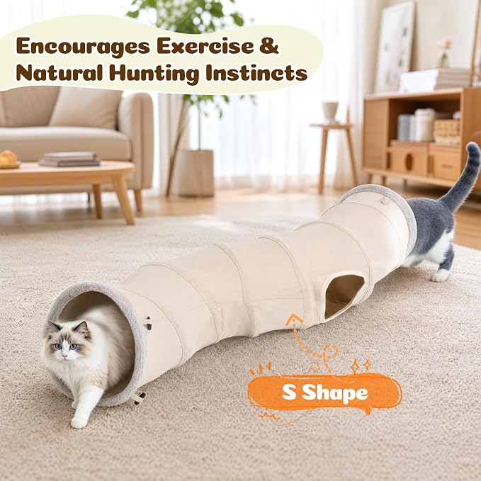 Ownpets S-Shape Cat Tunnel Toy 48"L x 12"D, for Cats, Puppies & Small Pets | Collapsible for storage, tear-resistant oxford fabric, connects to other tunnel, with peek hole, feather wand, indoor/outdoor - Image 5