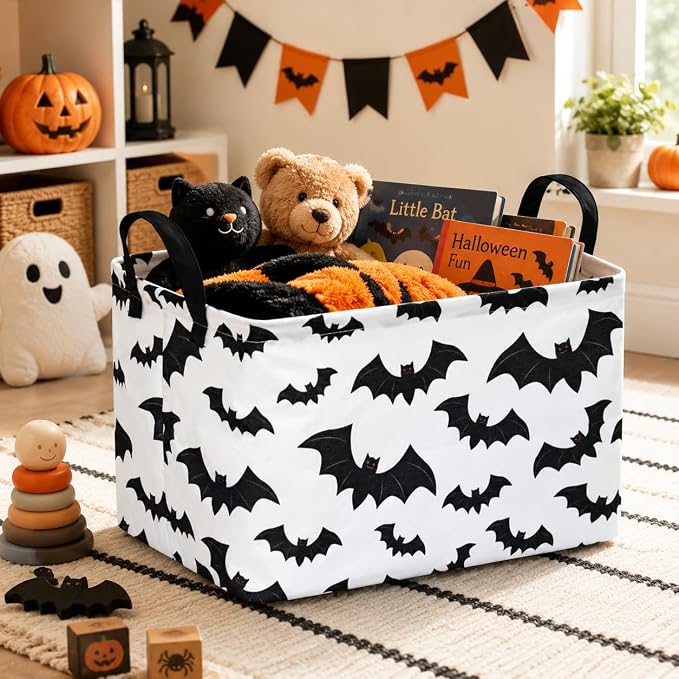 Halloween Batman Basket Gothic Bat Storage Kids Toy Organizer Room Decor | Collapsible Waterproof Kids Laundry Basket With Handles,Multi-scene Organizer for Home Bedroom,Black Bats Gift Bin - Image 7