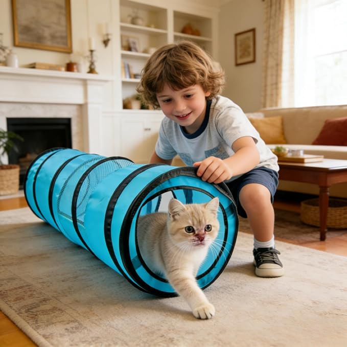 PAWISE Cat Tunnel for Indoor Cats, Collapsible Pet Tube with Peek Hole | Peek hole, tear-proof polyester, 10.5x34.5in, for cats rabbits, blue - Image 3