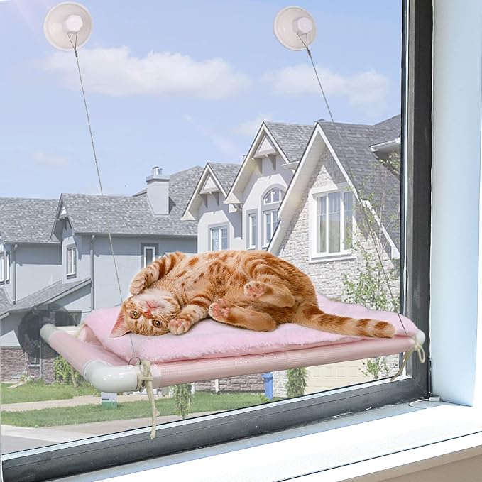Cat Window Perch, Cat Hammock w/Fleece Blanket, Screw Suction Cups, Pink | Window Bed Holds 2 Large Cats, Sturdy Resting Seat Indoor with One Extra Suction Cup - Image 2
