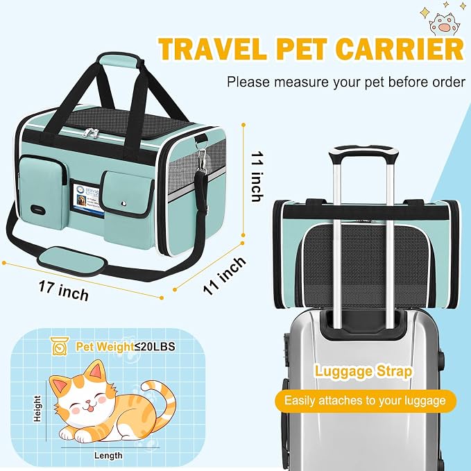 HUANLANG Large Cat Carrier Travel Soft Sided Pet Carrier Airline Approved | Dog Carriers for Small Dogs Medium Cats,Collapsible,3 Storage,zipper lock,Reflective strips,Luggage Strap, Up to 15 Lbs - Image 5