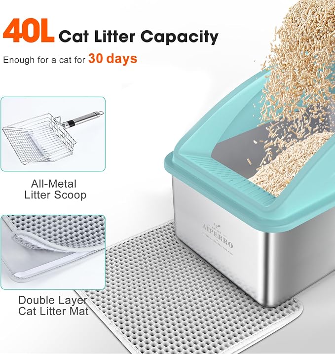 AIPERRO Stainless Steel Cat Litter Box | XXL Deepened 8" Design | Metal High Sided Box with Lid for Big Cats | Anti-Urine Leakage | Non-Stick & Easy to Clean with Litter Mat & Metal Scoop - Image 6