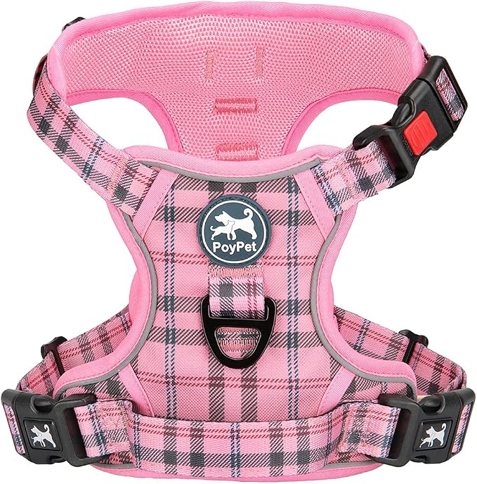 PoyPet Plaid Dog Harness Large, No Pull Vest with Front Clip & Neck Buckle | Padded Handle, Reflective, No Choke, Lockable, 2 Leash Rings, Full Adjustable, for Training Walking, XL, Checkered Pink by PoyPet