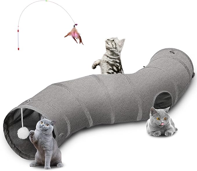 Ownpets S-Shape Cat Tunnel Toy 48"L x 10"D, for Cats, Puppies & Small Pets | Collapsible for storage, tear-resistant oxford fabric, connects to other tunnel, with peek hole, feather wand, indoor/outdoor by Ownpets