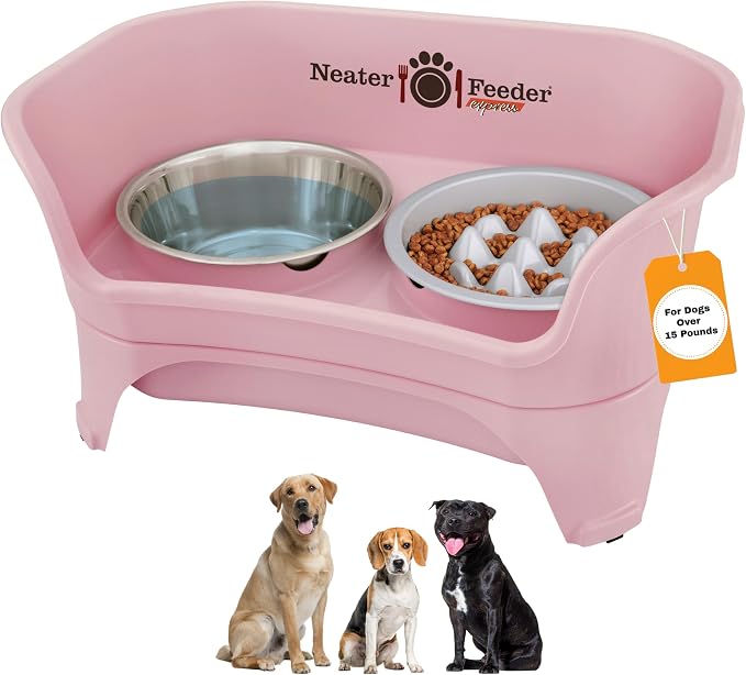 Neater Feeder Express Mess Proof Dog Bowls Elevated for Medium and Large Breed – Made in USA – No Spill Raised Slow Feeder Elevated Dog Bowl Stand, Slow Feed Food and Water Bowl Set, Pink by NeaterPets