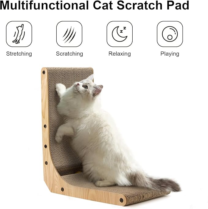 FUKUMARU Cat Scratcher, 18.7 Inch L Shaped Cat Scratch Pad Wall Mounted | Vertical Cat Scratching Board with Ball Cat Toy for Indoor Cats, Cardboard Cat Scratcher for Wall Sofa Couch - Image 2