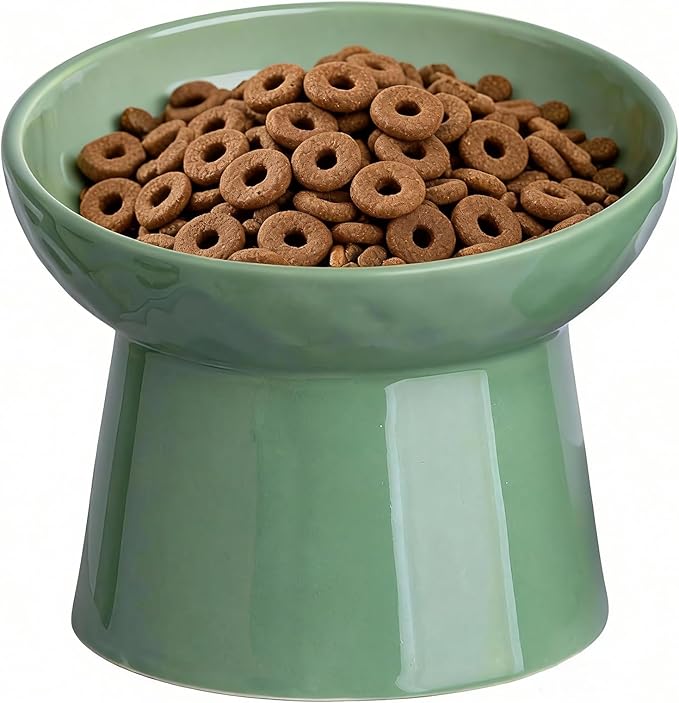 YauYik Raised Cat Bowl, Elevated Cat Food Bowls with Tilted Angle, Stress Free, Anti Vomiting, Ceramic Water Bowl for Cats Small Dogs Feeding Dish, 8 Ounces (Green-1) by YAUYIK
